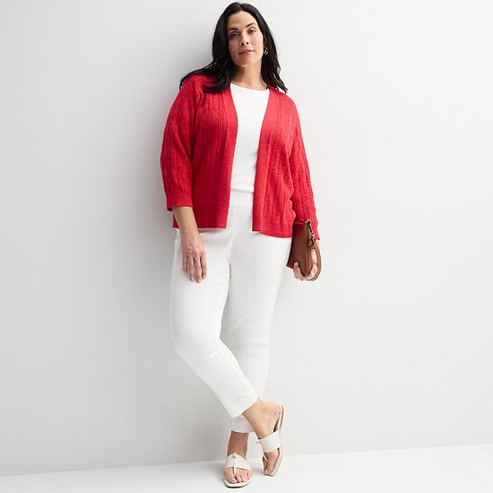 Plus Size Croft & Barrow® Pointelle Basket Open Front Cardigan