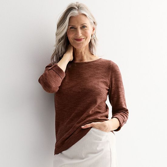 Women's Croft & Barrow® Boatneck Button Tab Sleeve Pullover Sweater