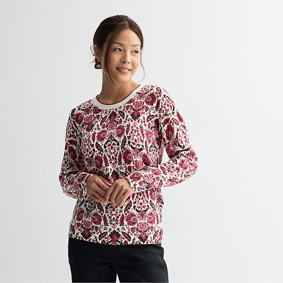 Petite Croft & Barrow® Printed Crewneck Pullover Sweater