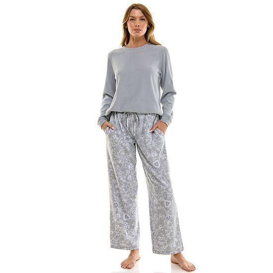 Petite Croft & Barrow® 2-pc. Cozy Ribbed Pajama Top & Printed Pajama Bottoms Set