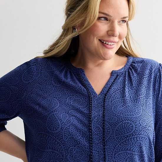 Plus Size Croft & Barrow® Bobble Trim Split Neck Top