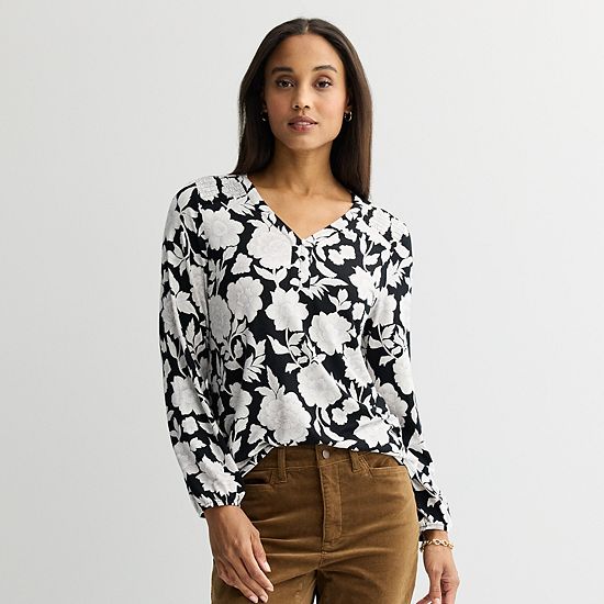 Women's Croft & Barrow® Smocked Henley Blouse