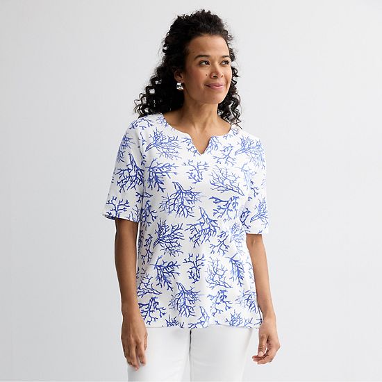 Petite Croft & Barrow® Elbow Sleeve Splitneck Top
