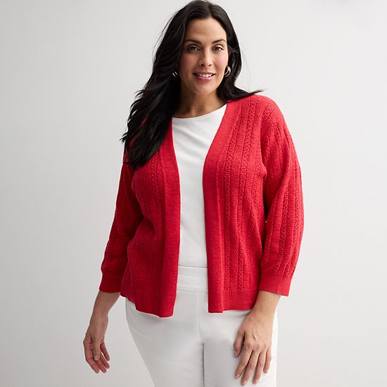 Plus Size Croft & Barrow® Pointelle Basket Open Front Cardigan
