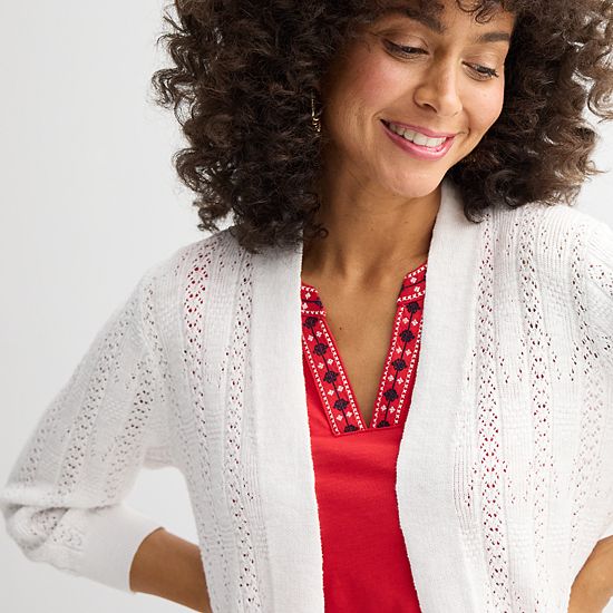  Women's Croft & Barrow® Pointelle Basket Open Front Cardigan