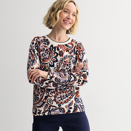  Women's Croft & Barrow® Printed Crew Neck Pullover Sweater
