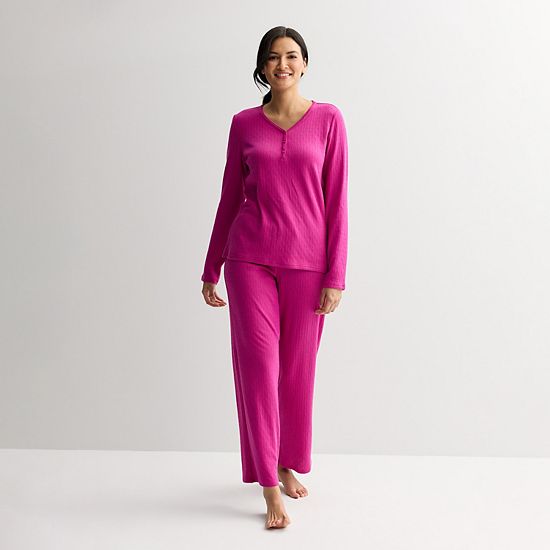  Petite Croft & Barrow® Long Sleeve Textured Knit Pajama Top & Pajama Bottoms Set