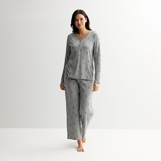  Petite Croft & Barrow® Long Sleeve Textured Knit Pajama Top & Pajama Bottoms Set
