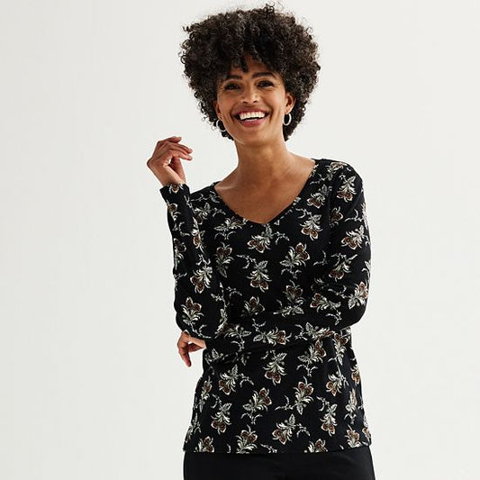  Petite Croft & Barrow® Essential Long-Sleeve V-Neck Top