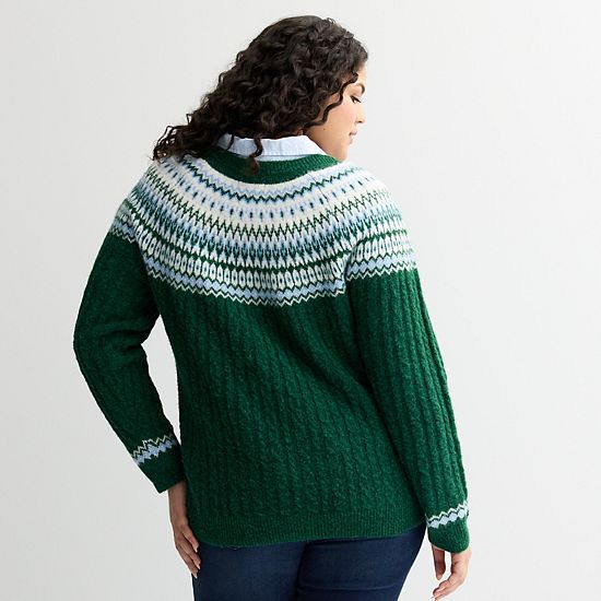  Plus Size Croft & Barrow® Diamond Fairisle Cable Sweater