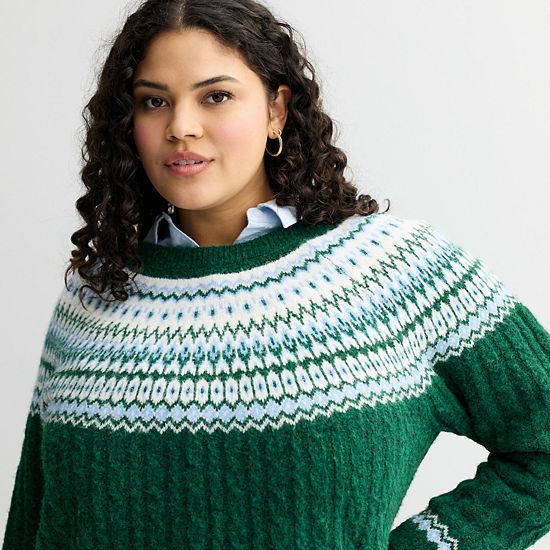  Plus Size Croft & Barrow® Diamond Fairisle Cable Sweater
