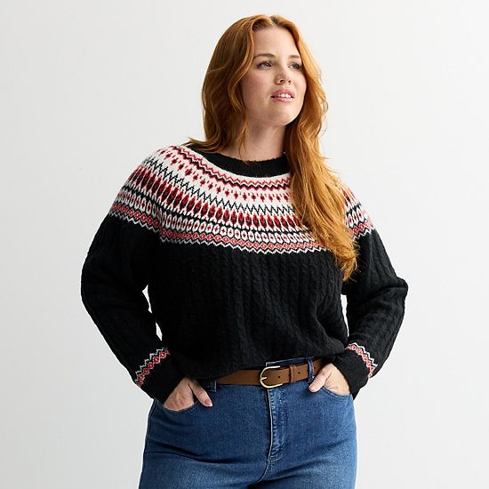  Plus Size Croft & Barrow® Diamond Fairisle Cable Sweater