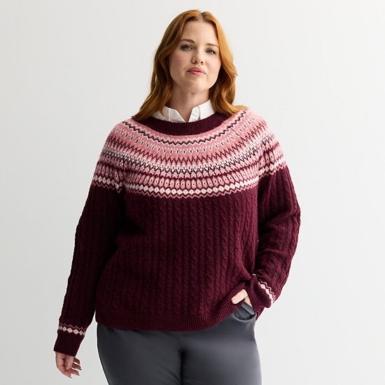  Plus Size Croft & Barrow® Diamond Fairisle Cable Sweater