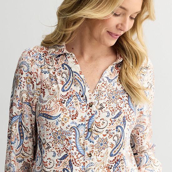  Women's Croft & Barrow Drapey Button Down Long Sleeve Shirt