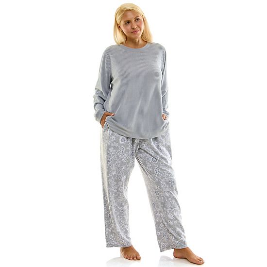  Plus Size Croft & Barrow® 2-pc. Cozy Ribbed Pajama Top & Printed Pajama Bottoms Set