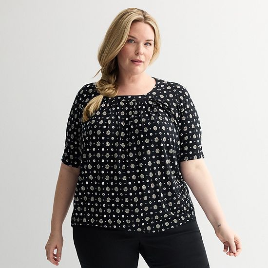  Plus Size Croft & Barrow® Pleated Round Neck Top