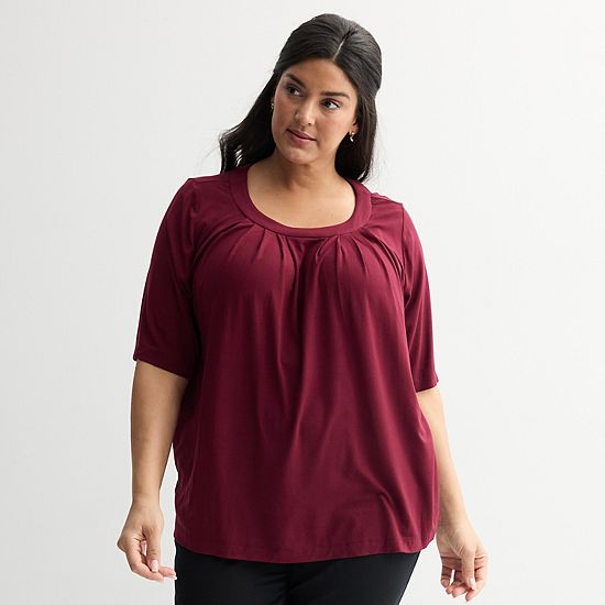  Plus Size Croft & Barrow® Pleated Round Neck Top