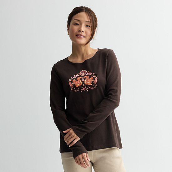  Women's Croft & Barrow® Long Sleeve Harvest Motif Tee