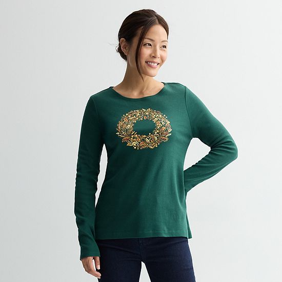  Women's Croft & Barrow® Long Sleeve Harvest Motif Tee