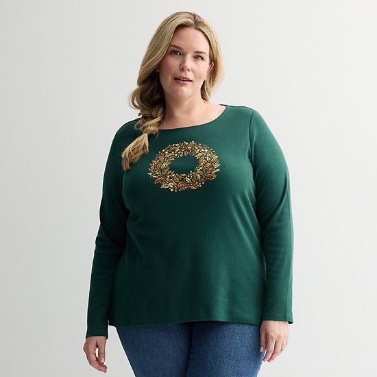  Plus Size Croft & Barrow® Harvest Motif Tee With Rounded Hem