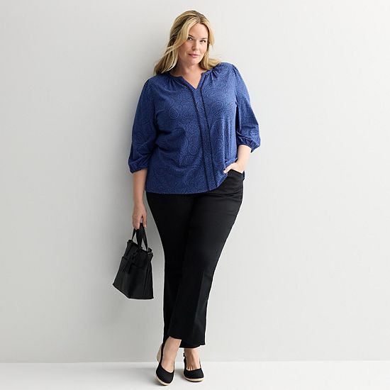  Plus Size Croft & Barrow® Bobble Trim Split Neck Top