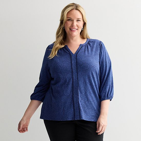  Plus Size Croft & Barrow® Bobble Trim Split Neck Top