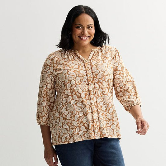  Plus Size Croft & Barrow® Bobble Trim Split Neck Top