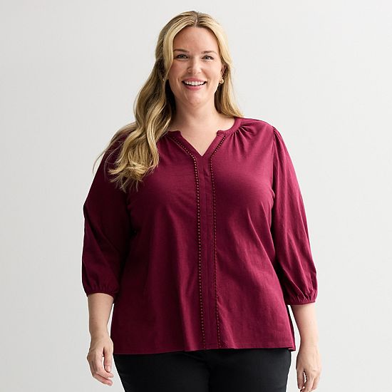  Plus Size Croft & Barrow® Bobble Trim Split Neck Top