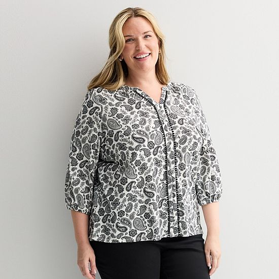  Plus Size Croft & Barrow® Bobble Trim Split Neck Top