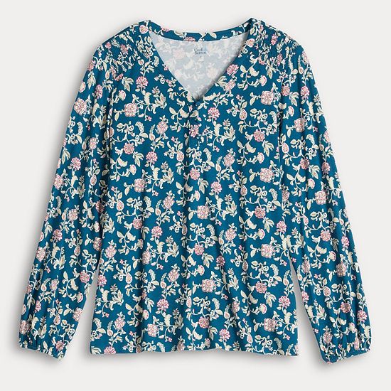  Women's Croft & Barrow® Smocked Henley Blouse