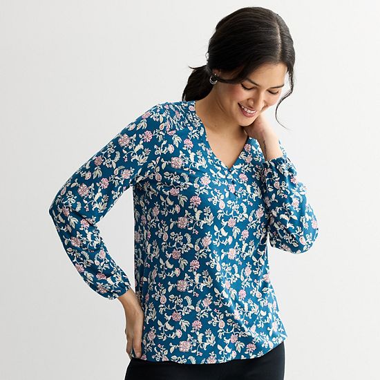  Women's Croft & Barrow® Smocked Henley Blouse