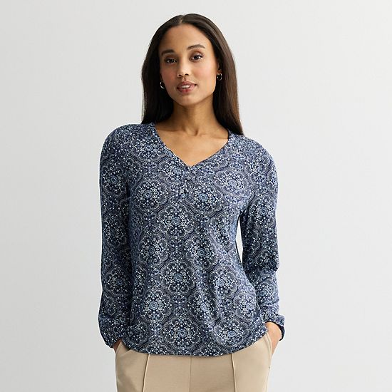  Women's Croft & Barrow® Smocked Henley Blouse