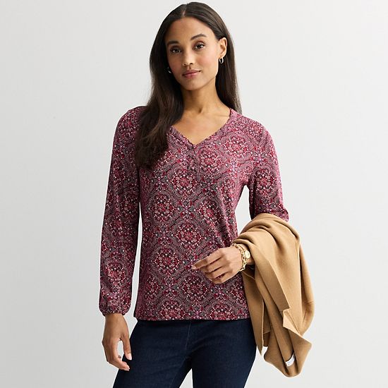  Women's Croft & Barrow® Smocked Henley Blouse