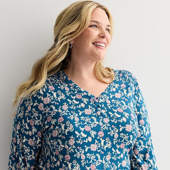  Plus Size Croft & Barrow® Smocked Henley Blouse