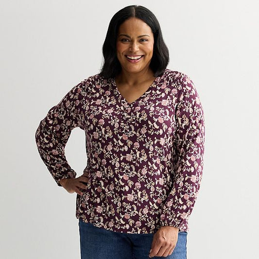  Plus Size Croft & Barrow® Smocked Henley Blouse