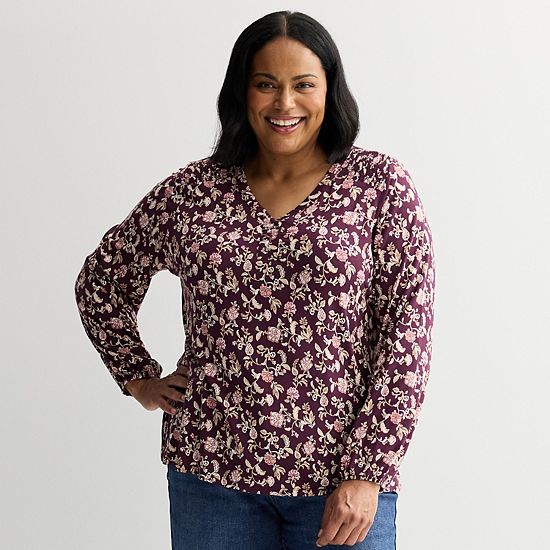  Plus Size Croft & Barrow® Smocked Henley Blouse