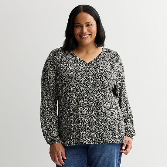  Plus Size Croft & Barrow® Smocked Henley Blouse
