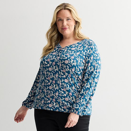  Plus Size Croft & Barrow® Smocked Henley Blouse