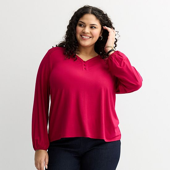  Plus Size Croft & Barrow® Smocked Henley Blouse