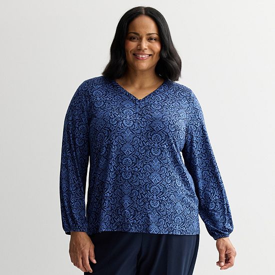  Plus Size Croft & Barrow® Smocked Henley Blouse