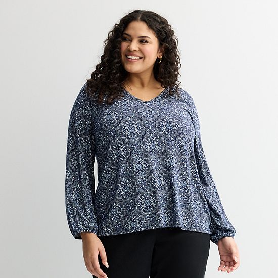  Plus Size Croft & Barrow® Smocked Henley Blouse