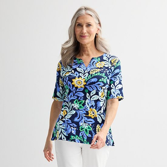  Petite Croft & Barrow® Elbow Sleeve Splitneck Top