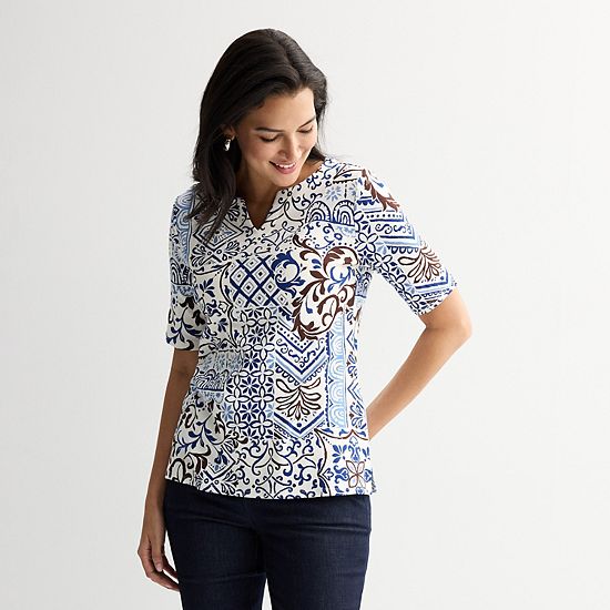  Petite Croft & Barrow® Elbow Sleeve Splitneck Top