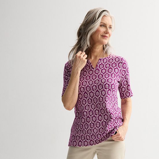 Petite Croft & Barrow® Elbow Sleeve Splitneck Top